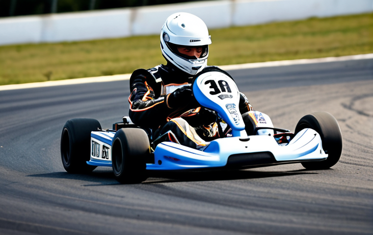 **Prompt:** Action shot of a kart racer expertly drifting around a corner on a racetrack, emphasizing the balance between speed, control, and the blur of motion. Focus on the driver's intense concentration and the dynamic angle of the kart.