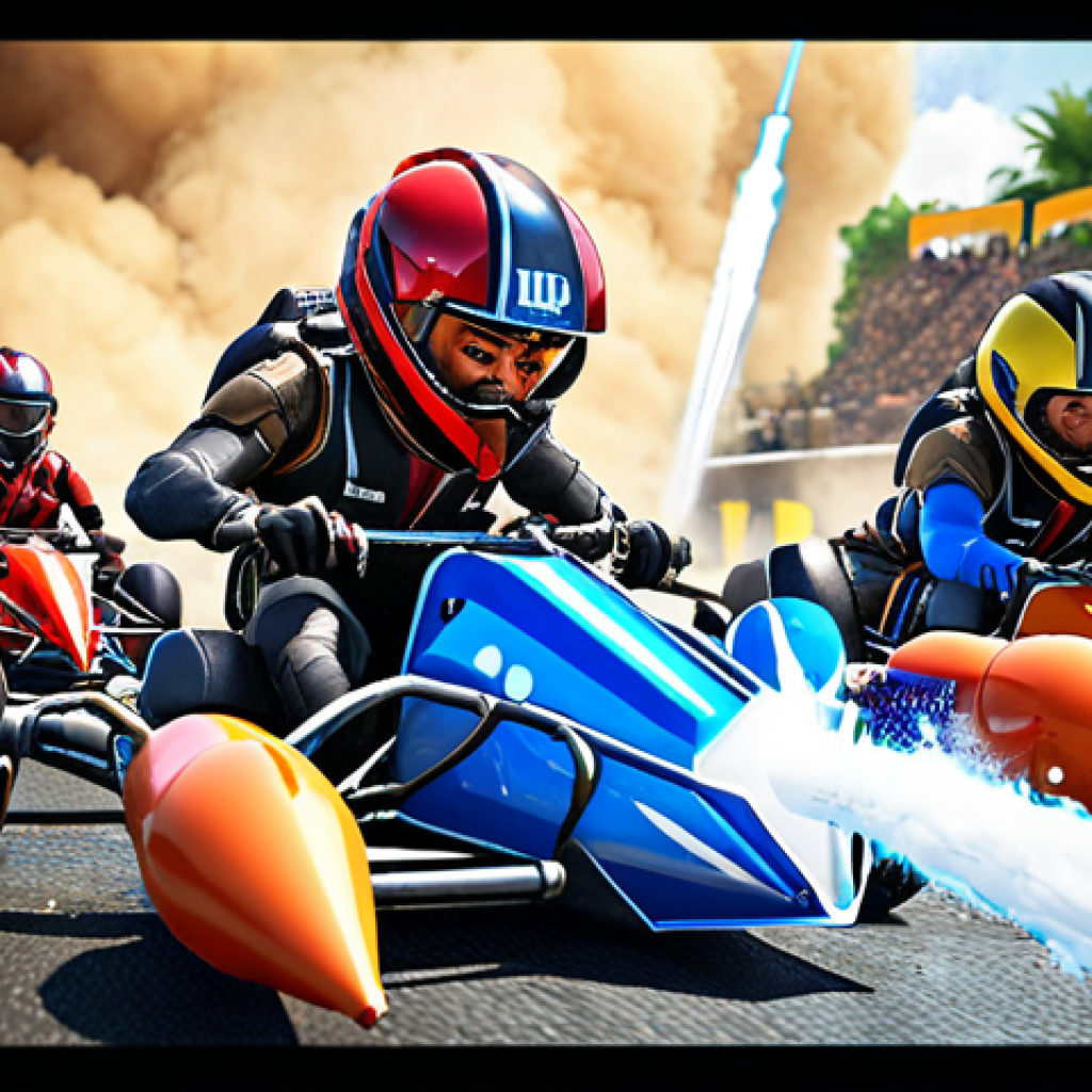 **Image Prompt:** A vibrant, action-packed scene of a KartRider team strategically using items during a race. Focus on teamwork and item combinations like water bombs and rockets. Capture the intensity of the game.