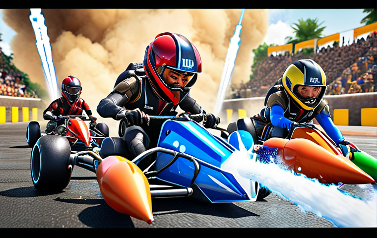 **Image Prompt:** A vibrant, action-packed scene of a KartRider team strategically using items during a race. Focus on teamwork and item combinations like water bombs and rockets. Capture the intensity of the game.