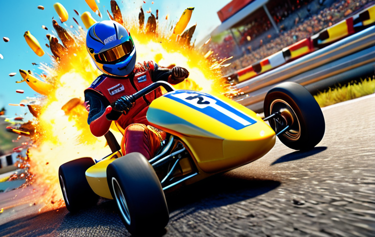 **
Prompt: KartRider racing scene, intense action, banana peel on a sharp turn, a racer about to slip, mine exploding in the background, vibrant colors, dynamic angle.
**