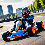 **

A vibrant action shot of a KartRider kart drifting expertly around a sharp corner on a track with futuristic Dutch cityscape elements in the background. Focus on the kart's angle, the tire marks, and a slight blur to convey speed. The kart should have a unique, customized design.

**
