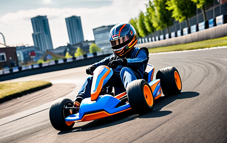 **
A vibrant action shot of a KartRider kart drifting expertly around a sharp corner on a track with futuristic Dutch cityscape elements in the background. Focus on the kart's angle, the tire marks, and a slight blur to convey speed. The kart should have a unique, customized design.
**