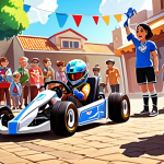 **

"A vibrant and heartwarming fanart event scene, showcasing a young KartRider fan proudly displaying their drawing of their favorite kart. The drawing is slightly imperfect but filled with passion. Surrounding the child are other players, developers, and community members, offering words of encouragement and support. The background features KartRider elements and a celebratory atmosphere. Focus on capturing the sense of community and the heartwarming impact of fanart."

**