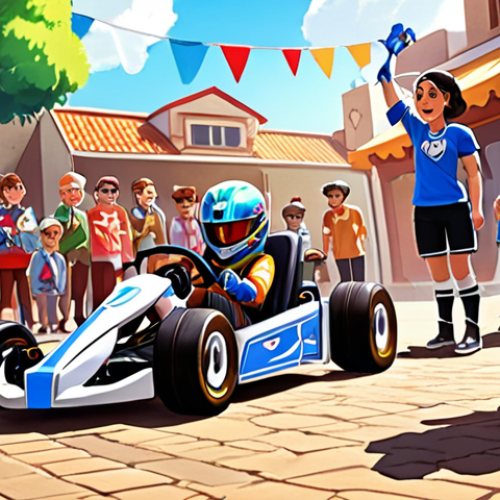 Home 24 **
"A vibrant and heartwarming fanart event scene, showcasing a young KartRider fan proudly displaying their drawing of their favorite kart. The drawing is slightly imperfect but filled with passion. Surrounding the child are other players, developers, and community members, offering words of encouragement and support. The background features KartRider elements and a celebratory atmosphere. Focus on capturing the sense of community and the heartwarming impact of fanart."
**
