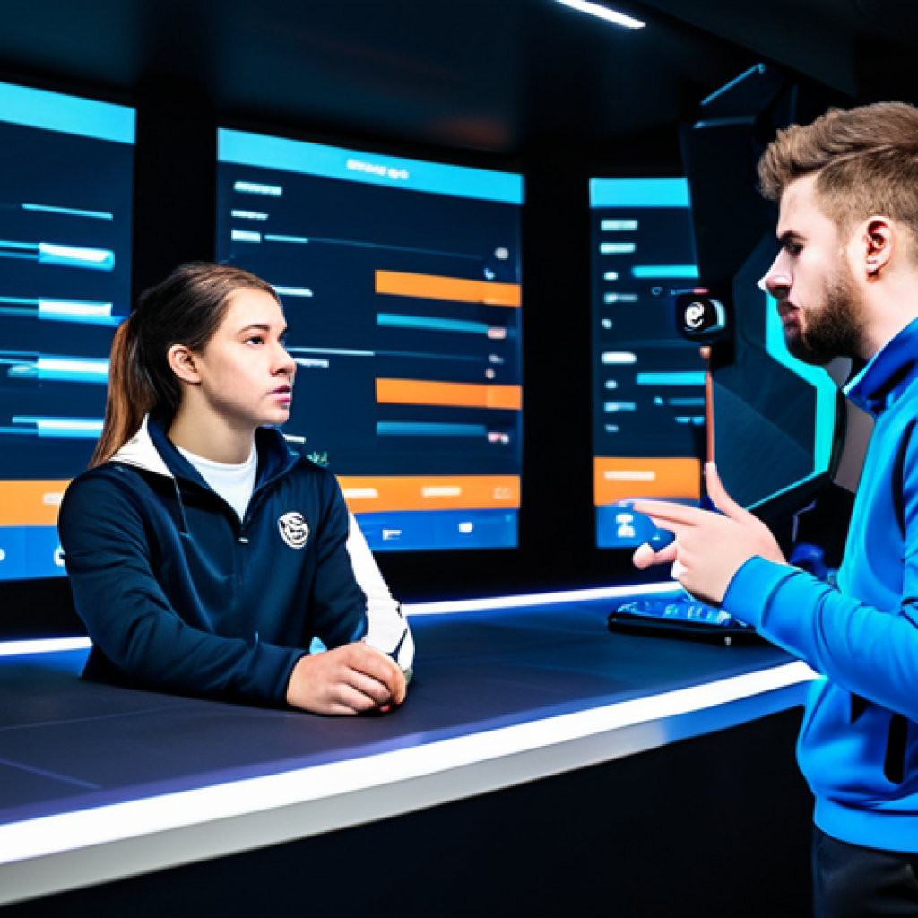 A diverse group of four young adult professional esports players, fully clothed in professional athletic wear, gathered around a large interactive digital display showing abstract racing data. They are in a modern, brightly lit esports training room with a clean, minimalist design. The players are engaged in a focused discussion, pointing at the screen and gesturing thoughtfully, emphasizing teamwork and strategic planning. Their expressions are serious but collaborative. Perfect anatomy, correct proportions, natural pose, well-formed hands, proper finger count, natural body proportions. Professional photography, high resolution, studio lighting, sharp focus, vibrant colors. Safe for work, appropriate content, fully clothed, modest, professional.