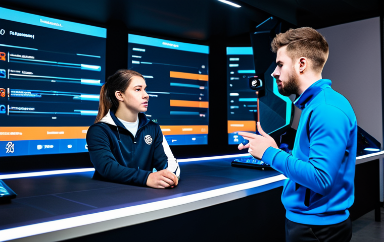 A diverse group of four young adult professional esports players, fully clothed in professional athletic wear, gathered around a large interactive digital display showing abstract racing data. They are in a modern, brightly lit esports training room with a clean, minimalist design. The players are engaged in a focused discussion, pointing at the screen and gesturing thoughtfully, emphasizing teamwork and strategic planning. Their expressions are serious but collaborative. Perfect anatomy, correct proportions, natural pose, well-formed hands, proper finger count, natural body proportions. Professional photography, high resolution, studio lighting, sharp focus, vibrant colors. Safe for work, appropriate content, fully clothed, modest, professional.